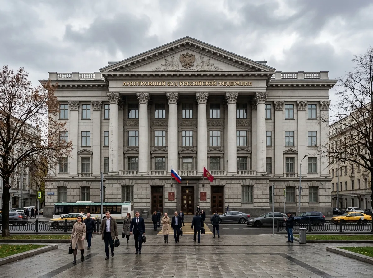 Здание административного суда, фасад с колоннами в пасмурный день, нейтральная деловая атмосфера, Россия