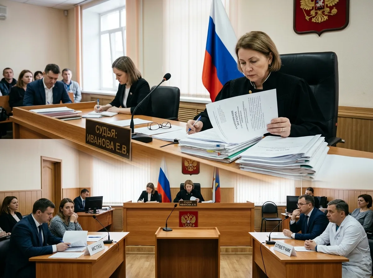 Судебное заседание по делу о врачебной ошибке, судья изучает медицинские документы и заключение эксперта