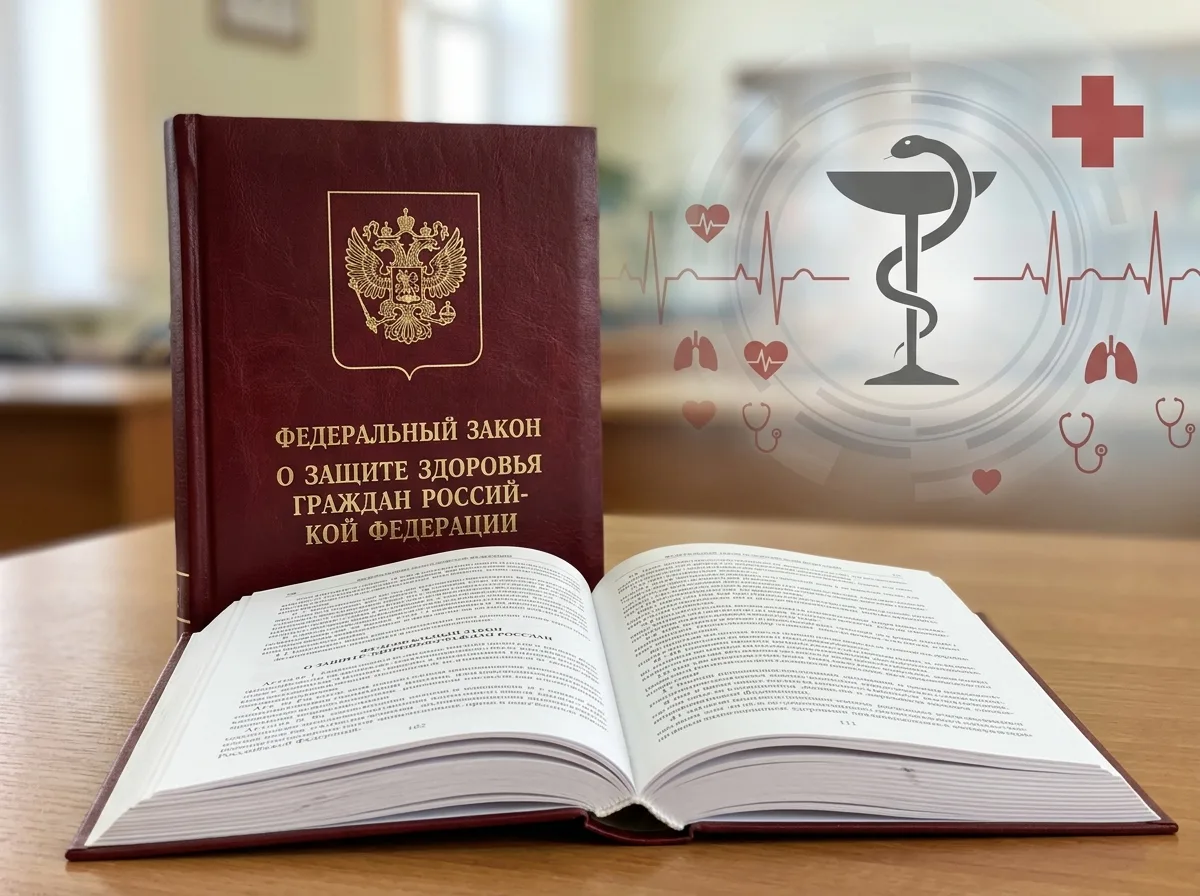 Федеральный закон об охране здоровья граждан России, открытая книга законов с гербом РФ на фоне медицинской символики