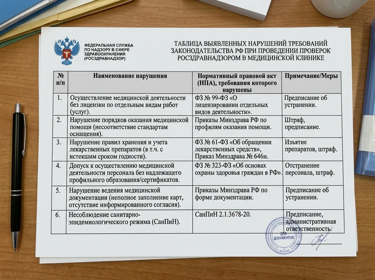 Таблица нарушений требований при проверке Росздравнадзором в медицинской клинике