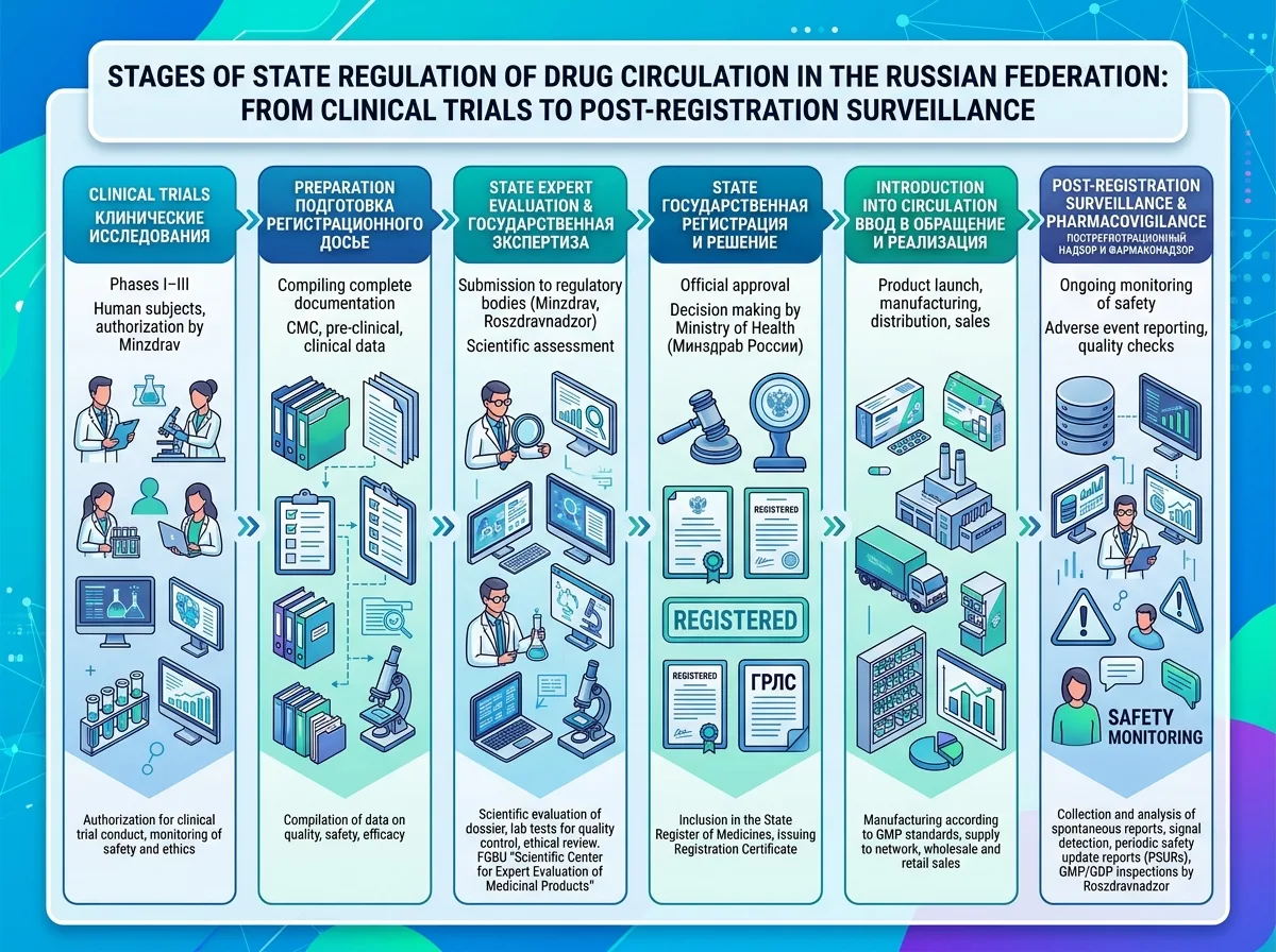 Схема этапов государственного регулирования оборота лекарственных средств в России: от клинических исследований до пострегистрационного надзора