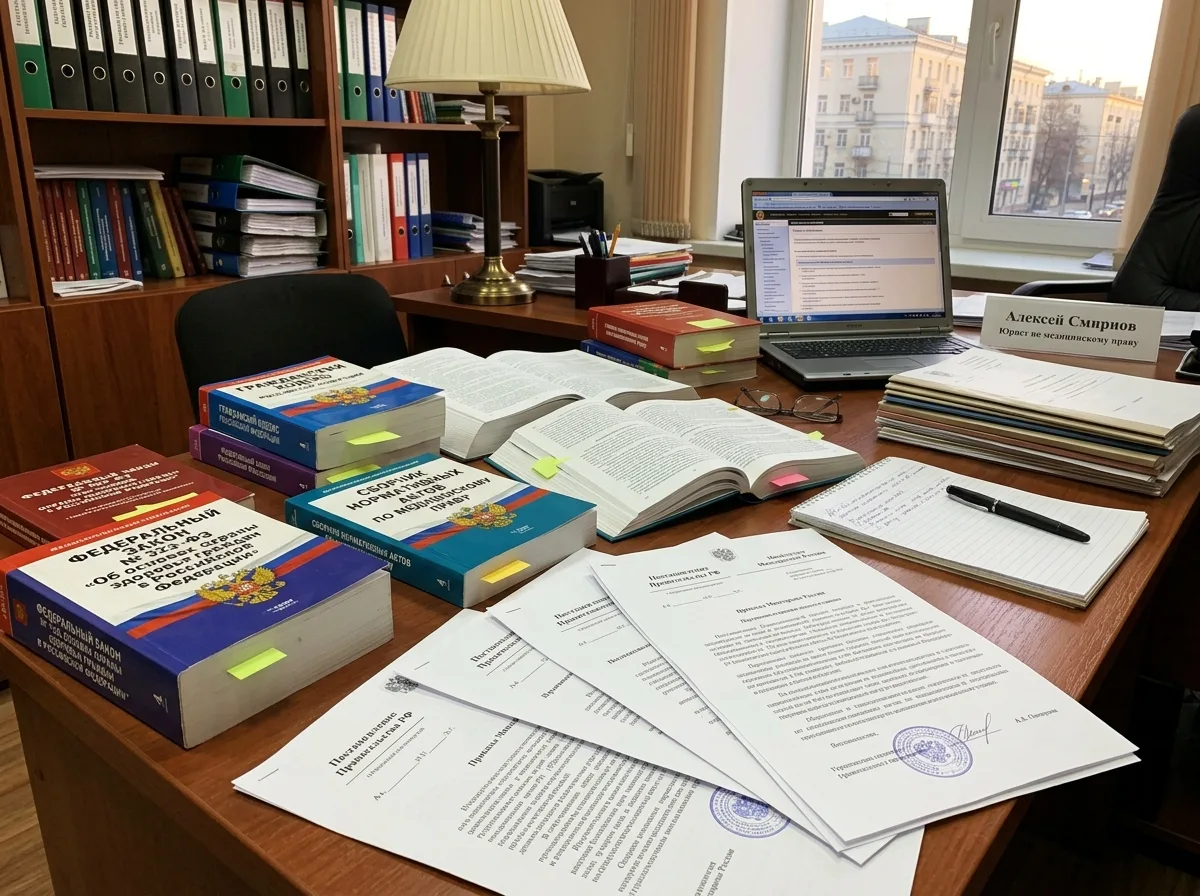 Российские нормативные документы и кодексы в сфере здравоохранения, разложенные на рабочем столе юриста